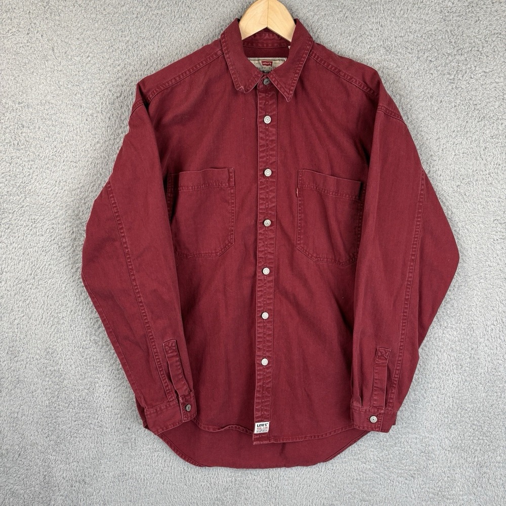 Vintage Y2K Levis Denim Shirt Mens Medium Burgundy Cotton Canvas Work Western